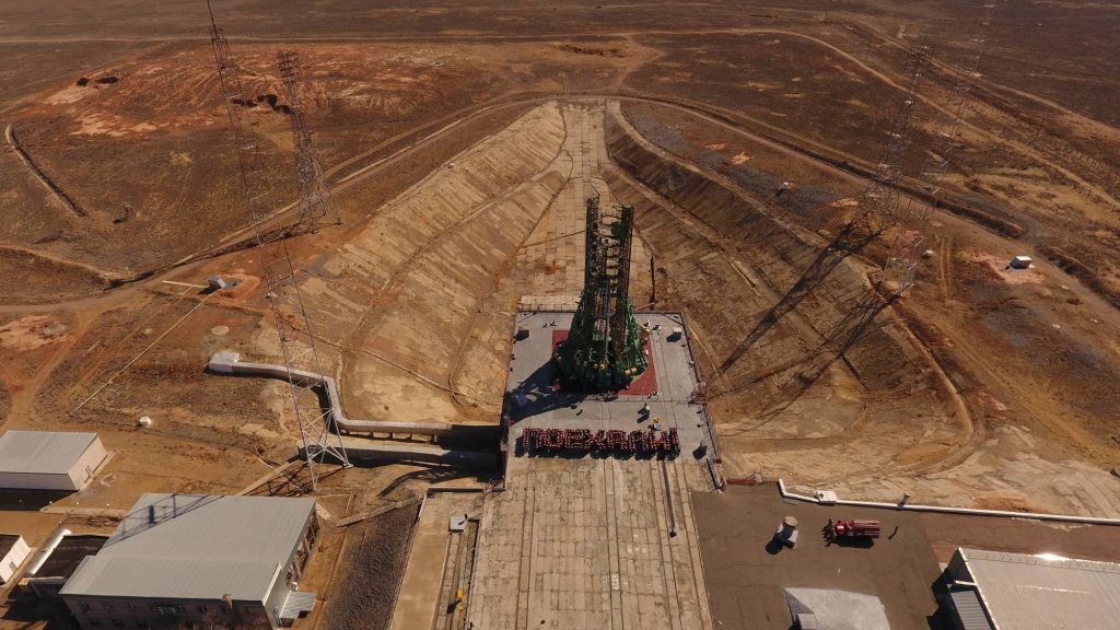 Le pas de lancement n°1 de Baïkonour (dit "Gagarin Sart") vu depuis un drone.