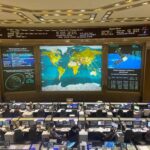 La salle de contrôle du segment russe de l'ISS à Korolyov (banlieue de Moscou) lors du lancement de Progress MS-34.