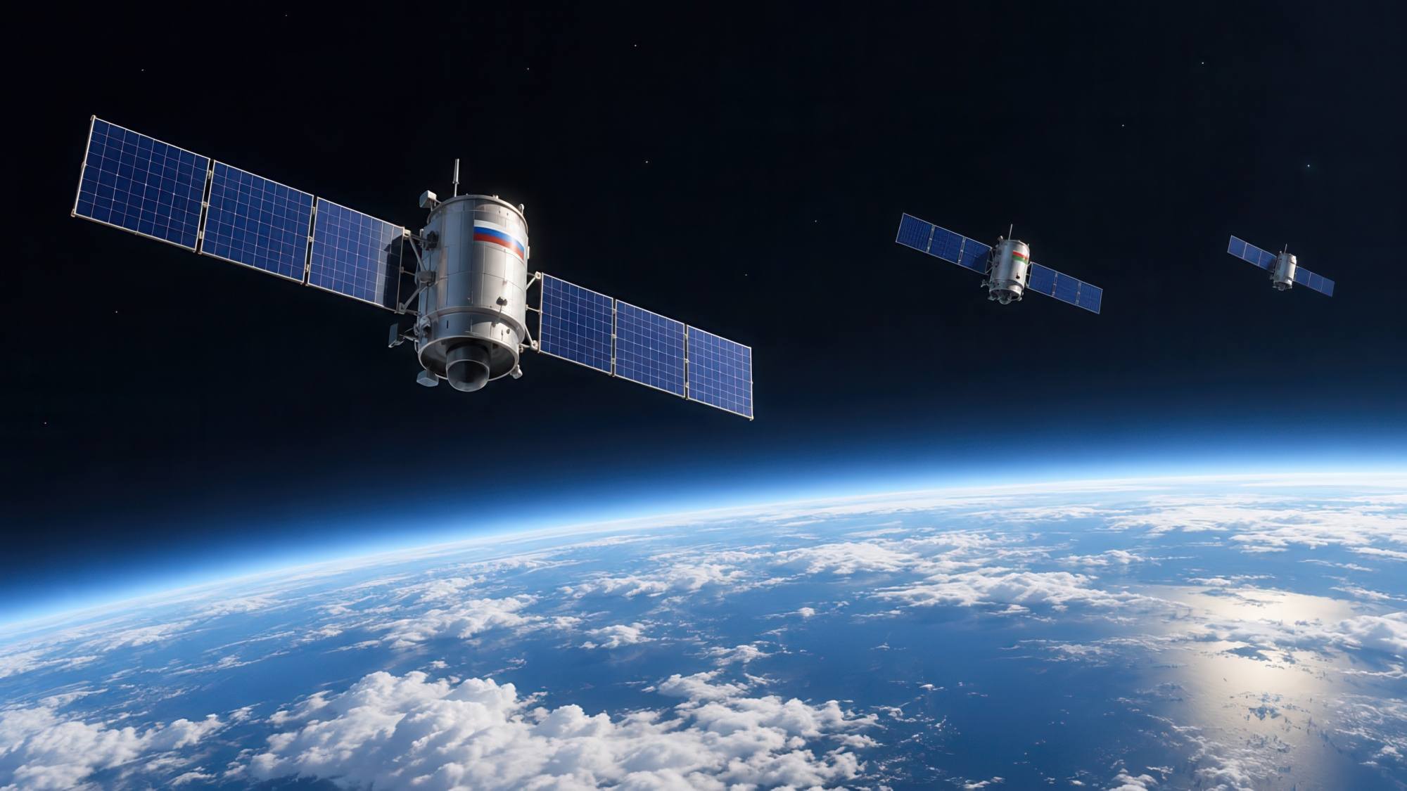 Représentation artistique de la constellation à 3 satellites Russo-Biélorusse.